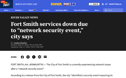 Fort Smith services down due to network security event, city says