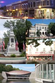 A vibrant collage showcasing downtown Bentonville, AR, featuring bustling streets, modern storefronts, and community life in Northwest Arkansas.